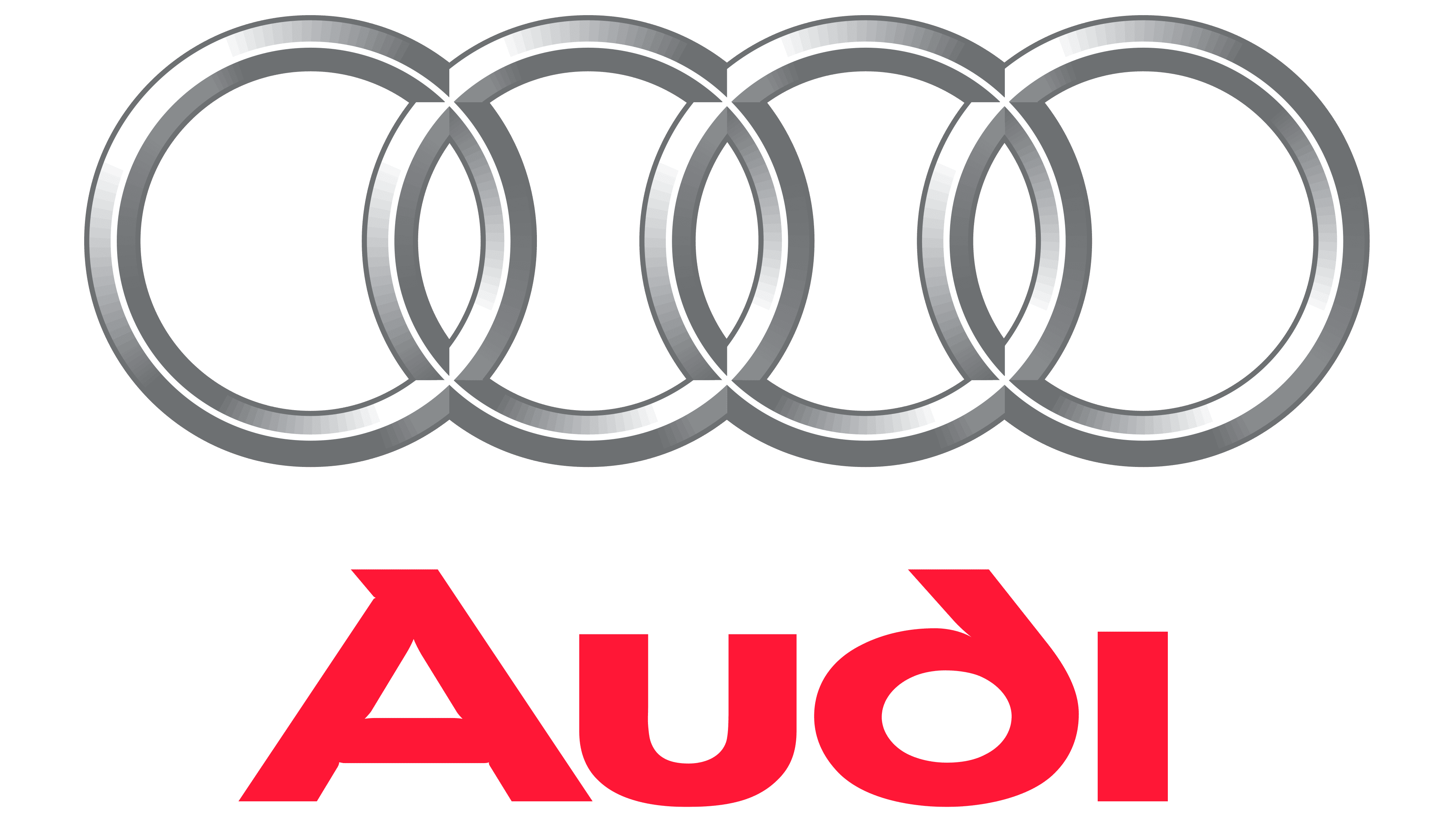 The iconic Audi logo with four interlinked rings above the brand name in red.