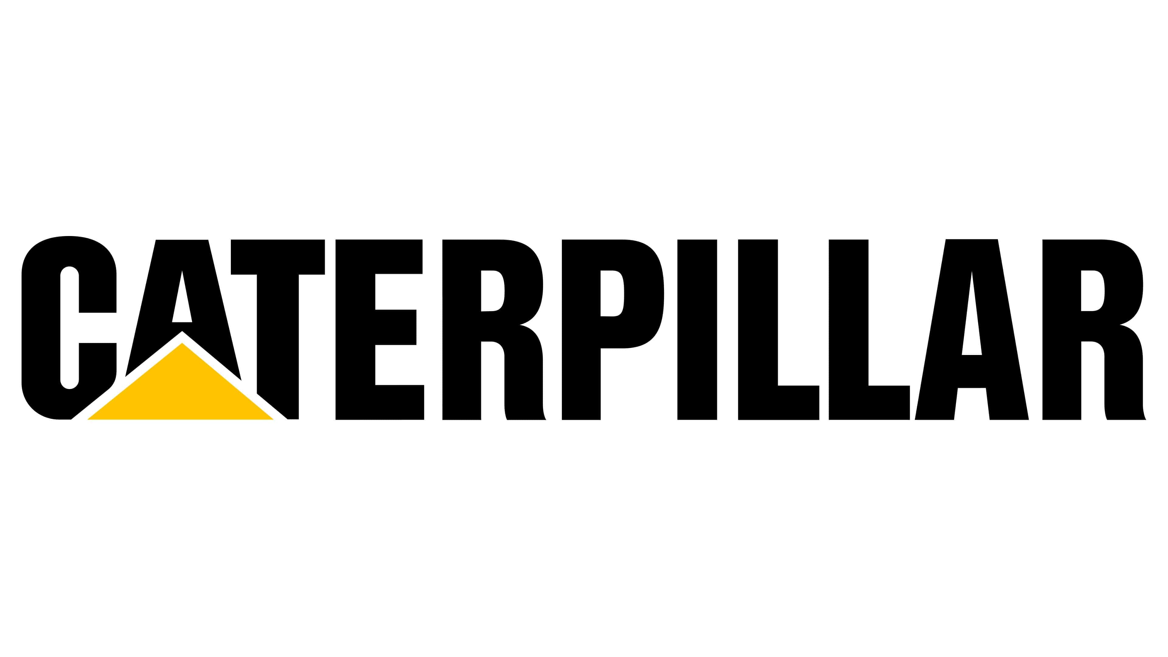 Partial Caterpillar logo with black text and yellow triangle.