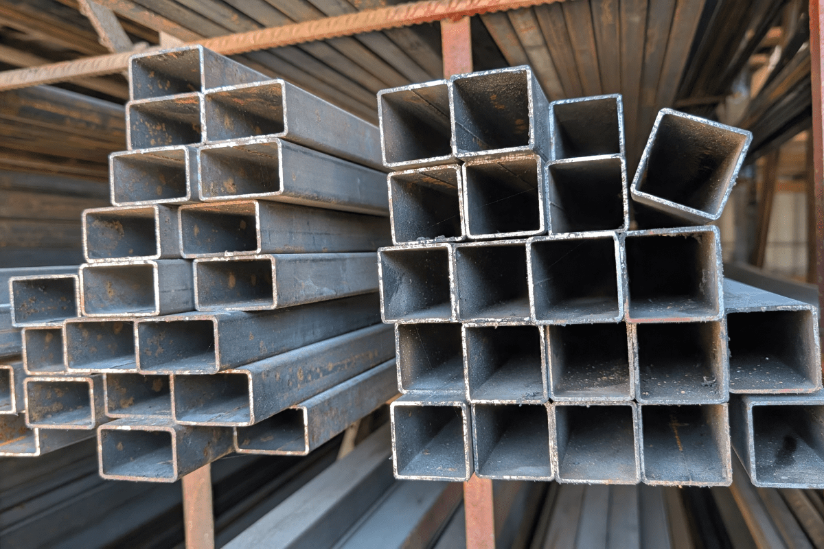 Stacked rectangular steel tubes in a warehouse.