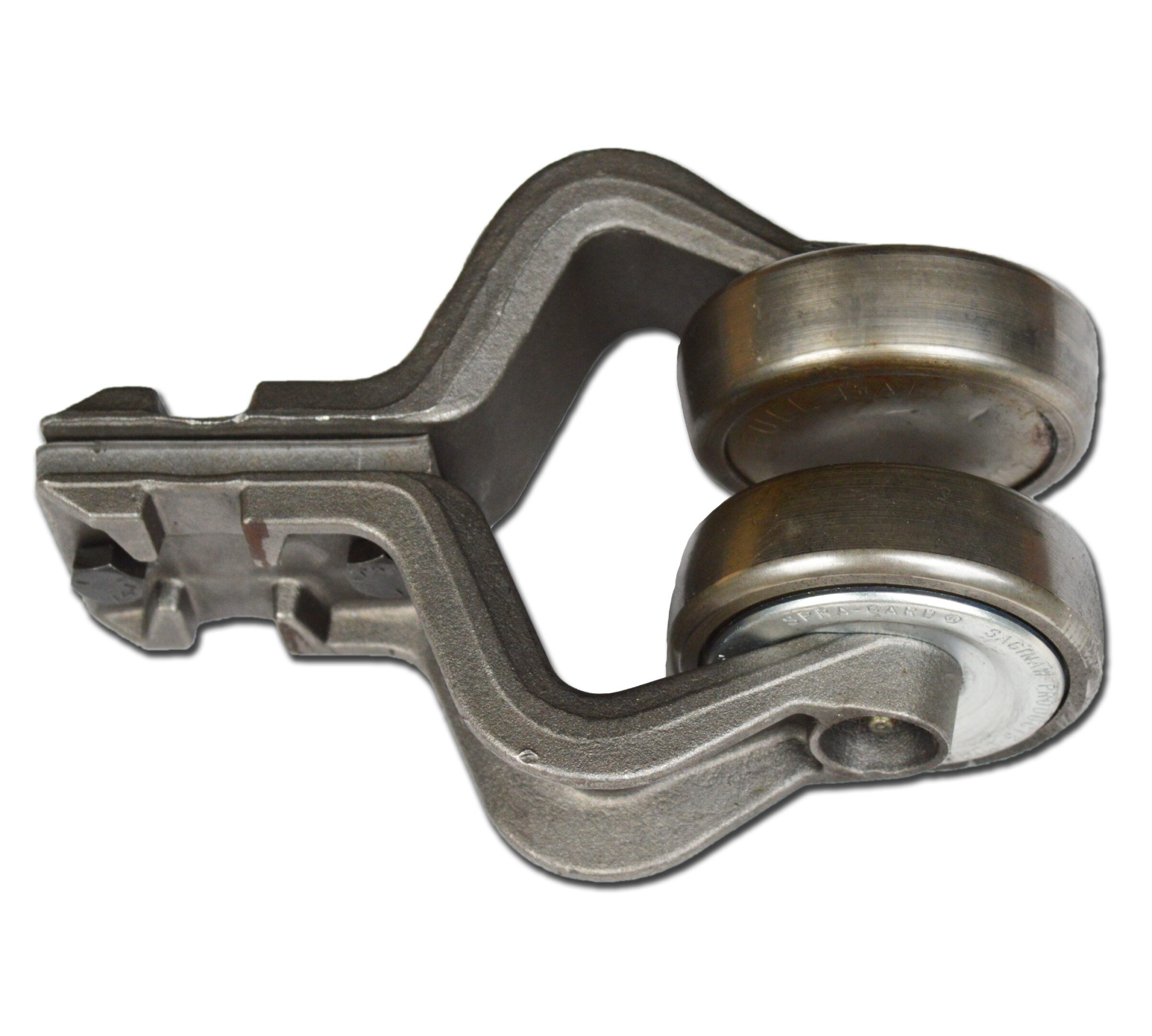 Metal pulley block with a hook attachment.