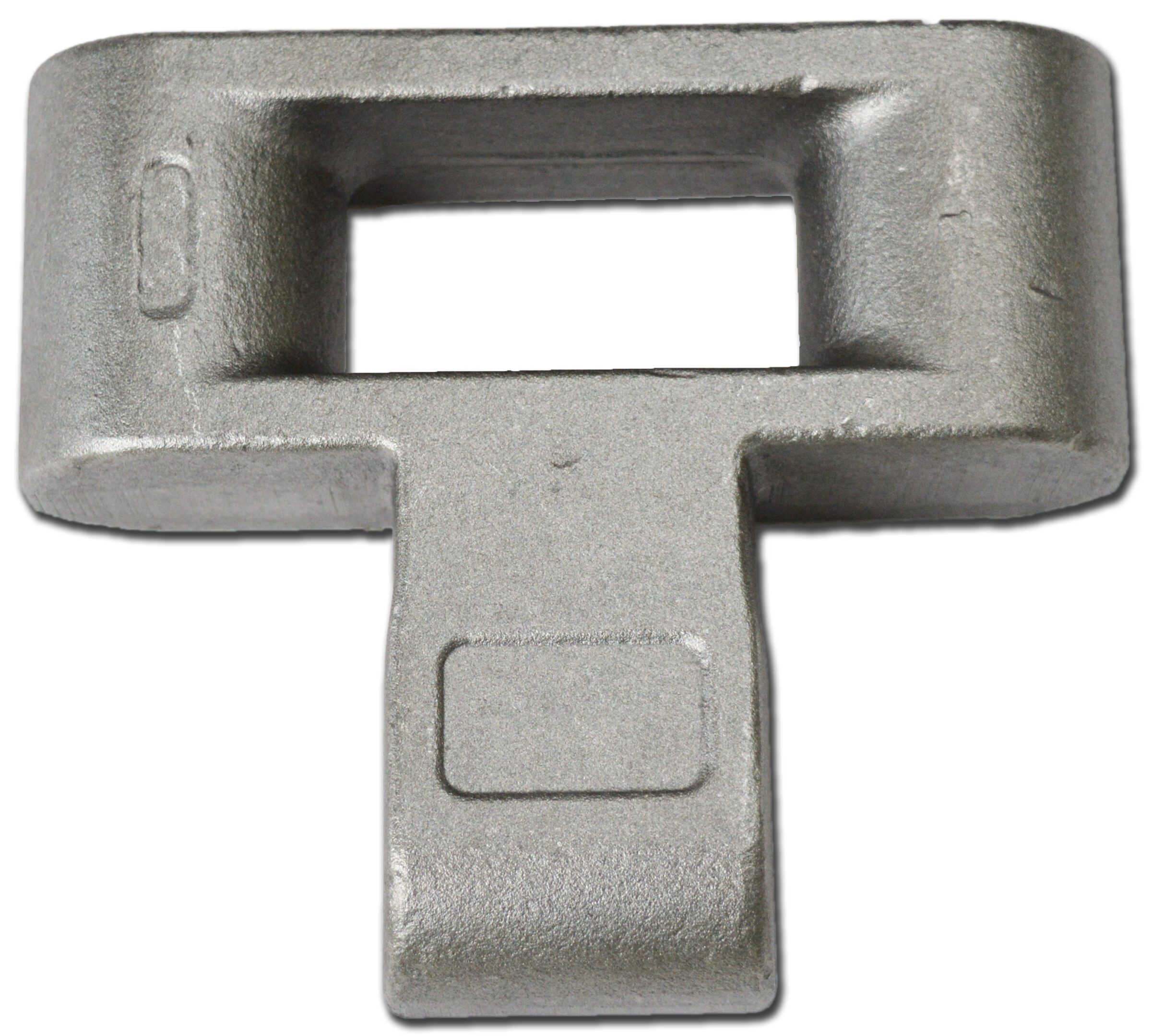 A metallic key with a rectangular hole and a square notch.