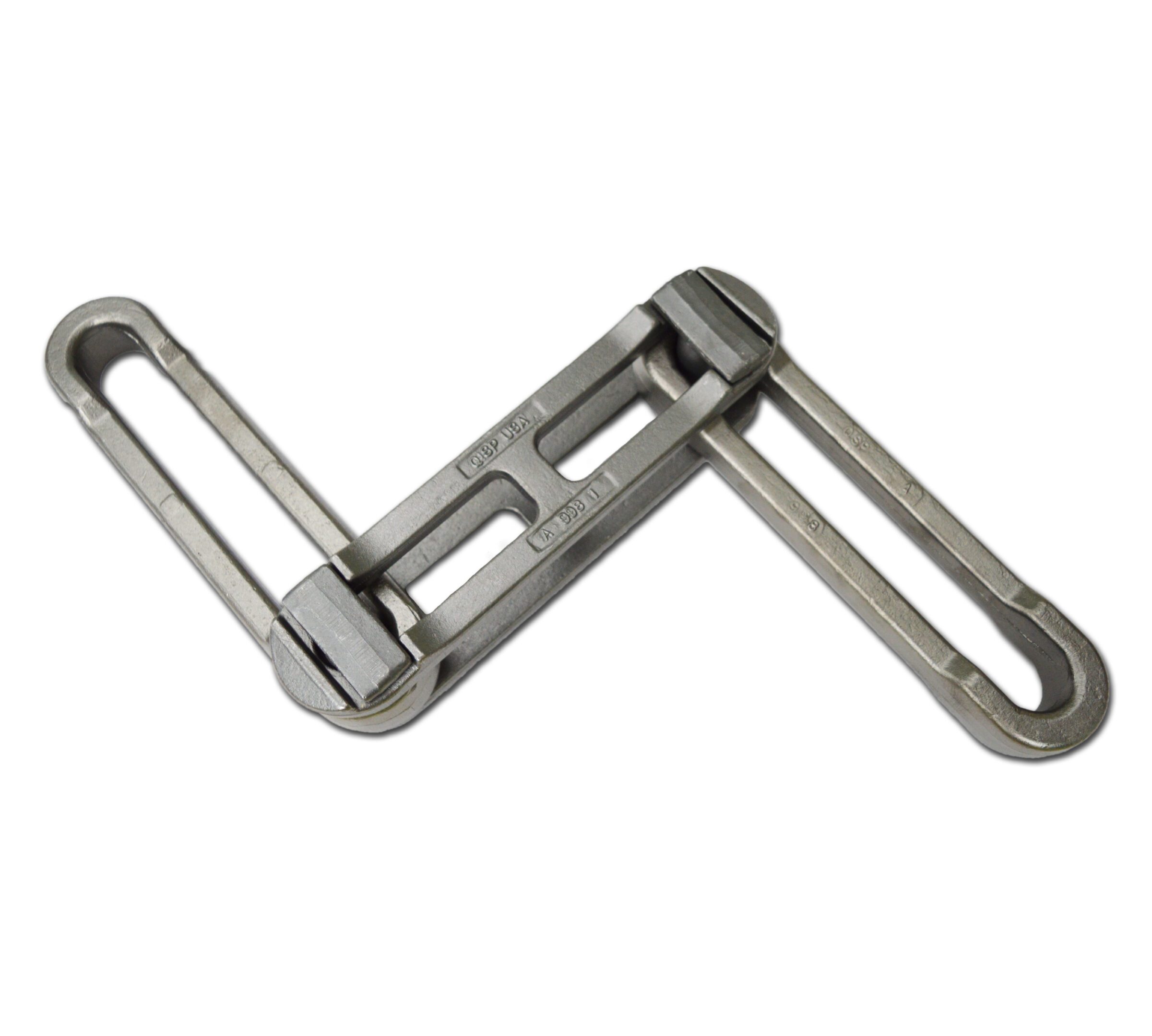 A metal hinge with a unique zigzag design.