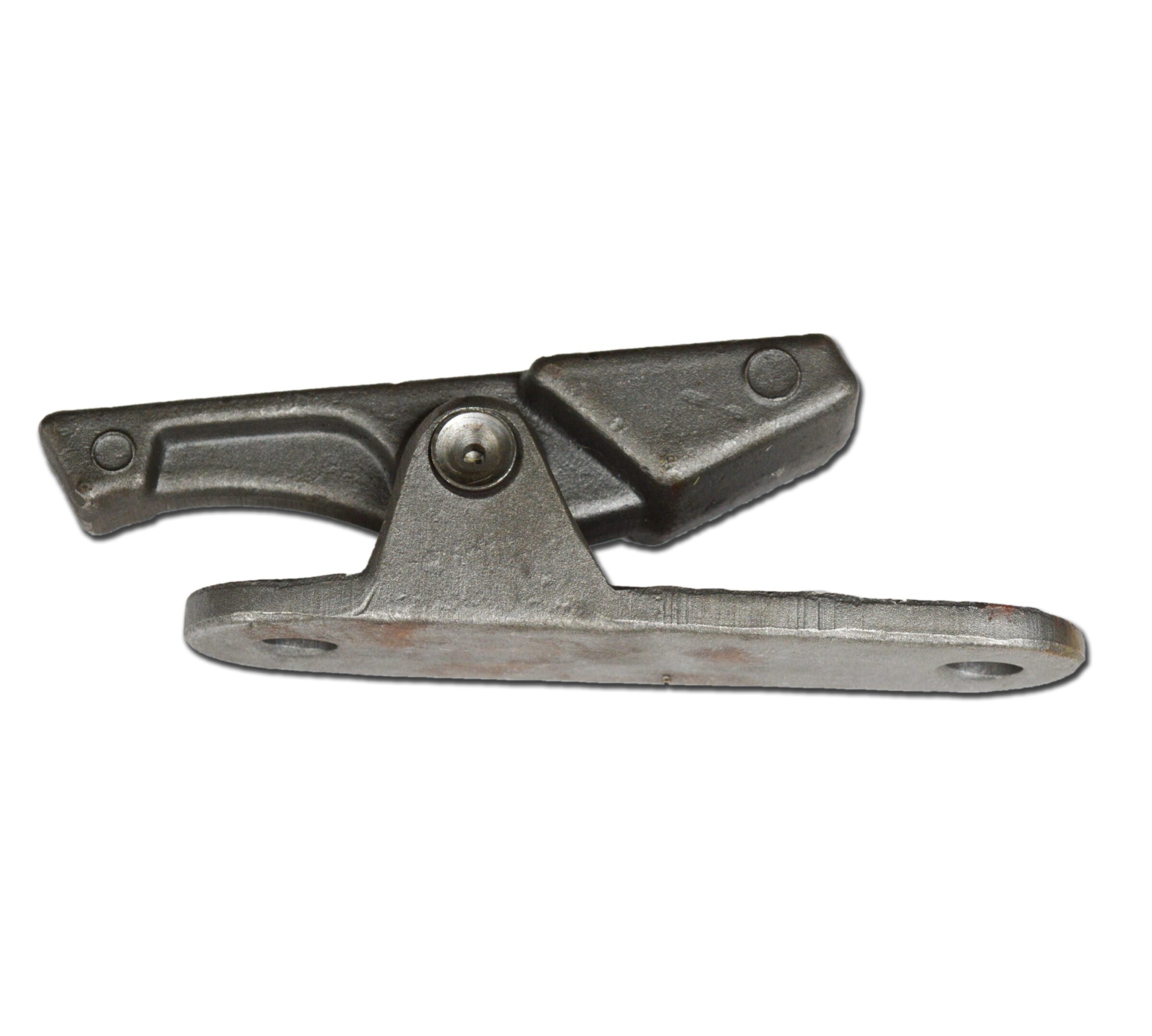 A vintage metal ice skate blade with a black plastic clamp.