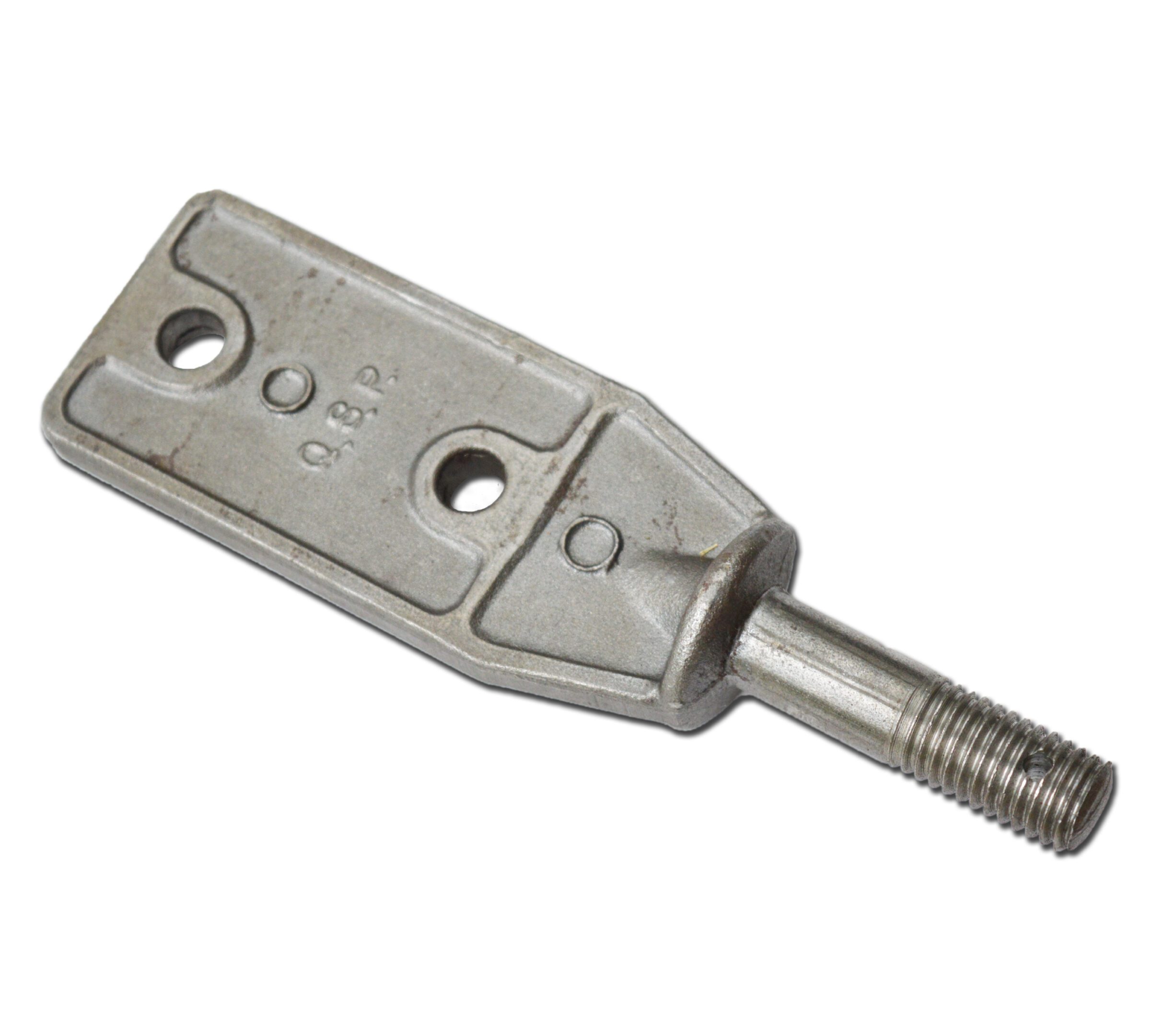 Metal threaded rod end with mounting holes and notches.