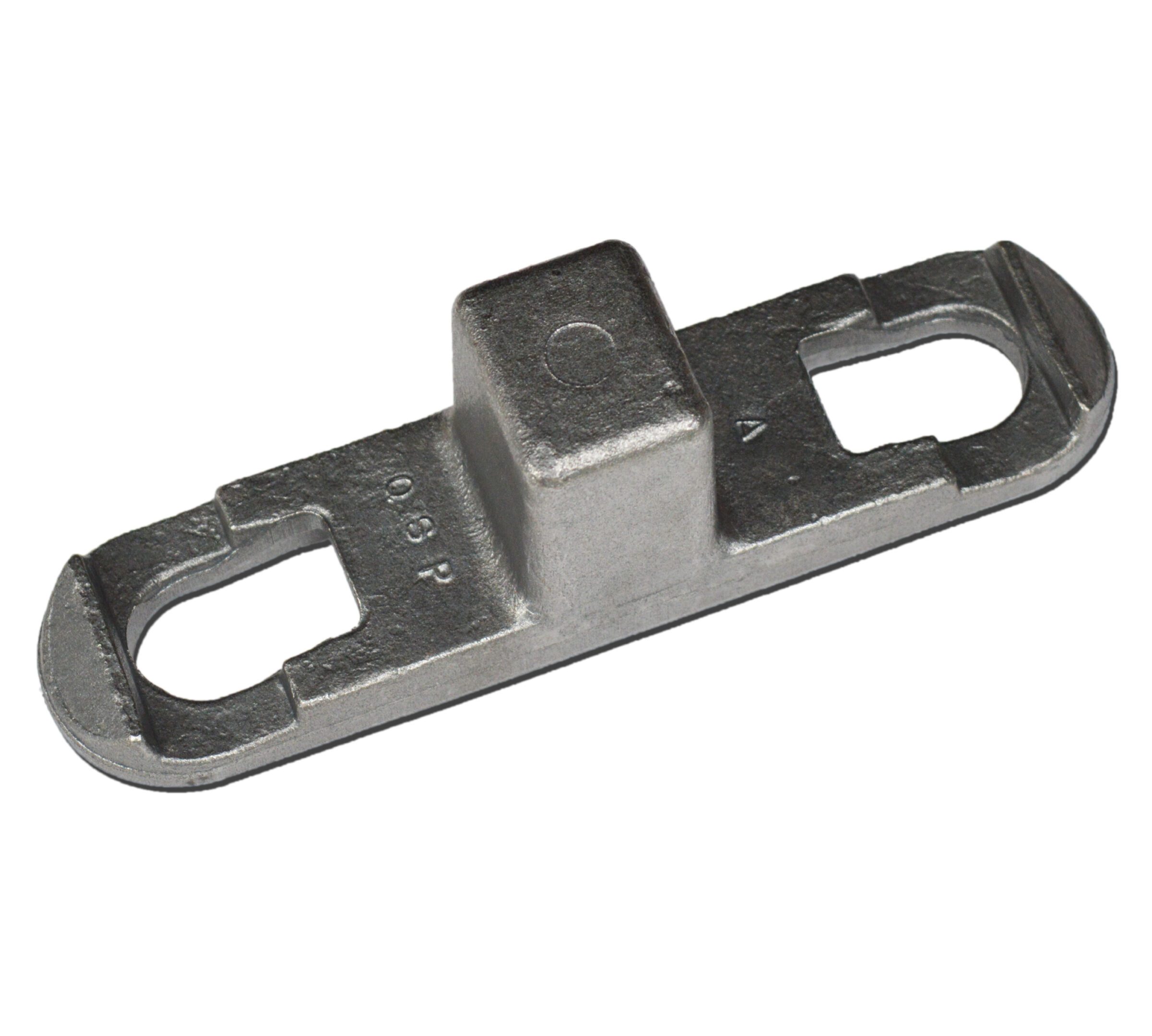 Metal bracket with two slotted holes and a central raised section.