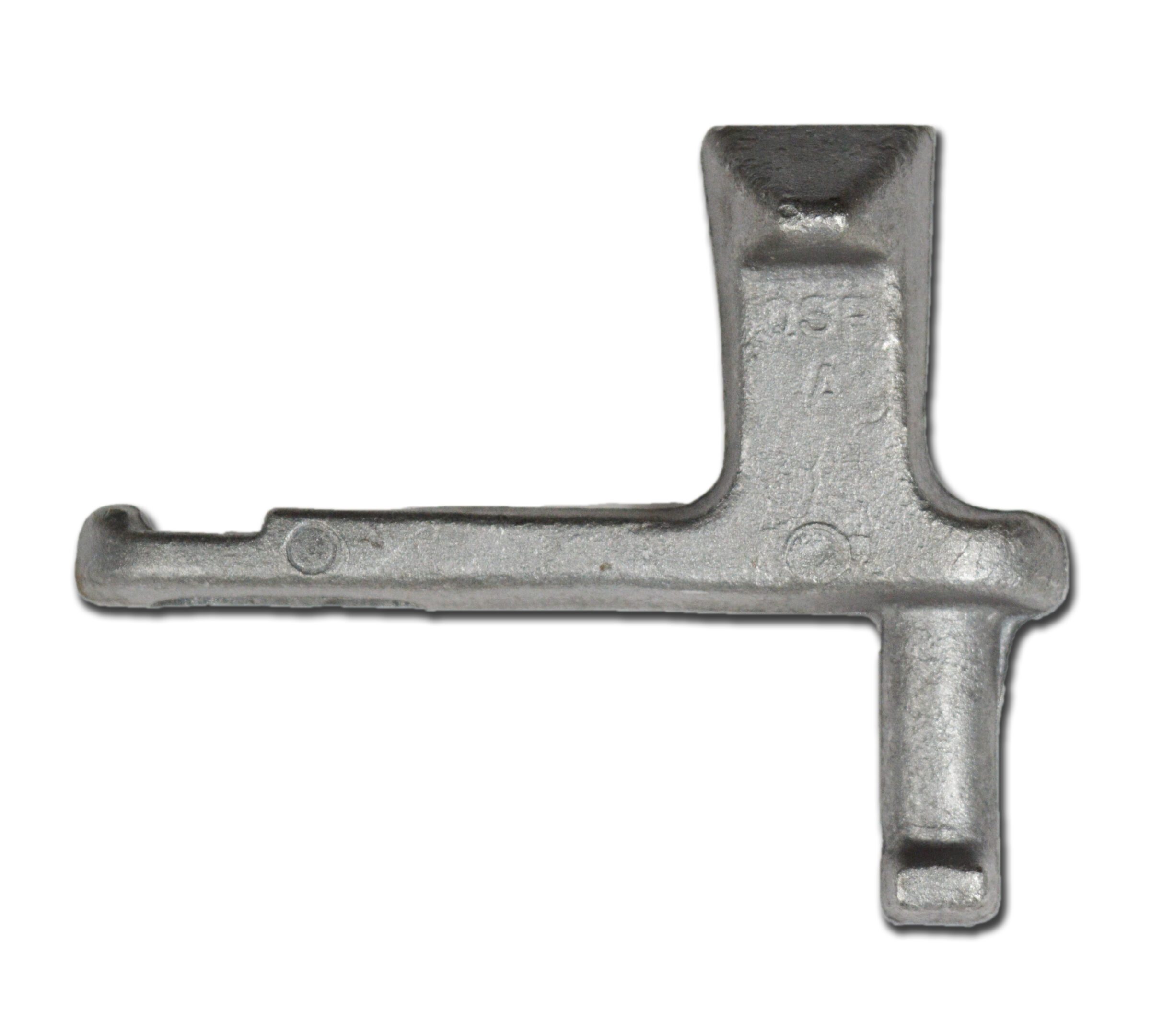 Silver metal bracket with unique shape and holes.