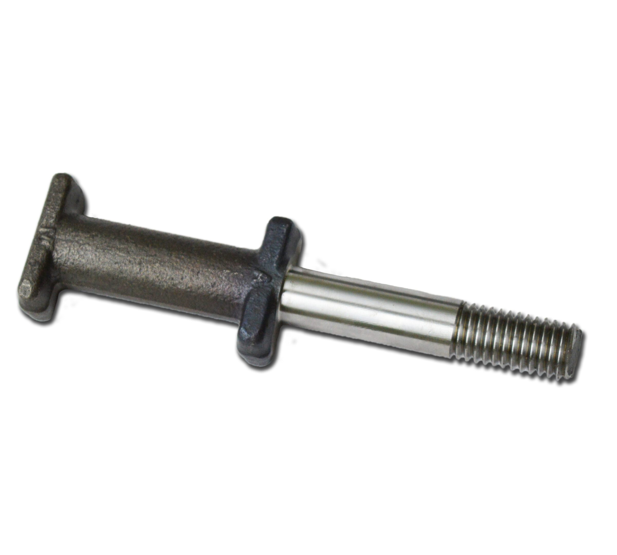 Metal bolt with threaded end and flange.